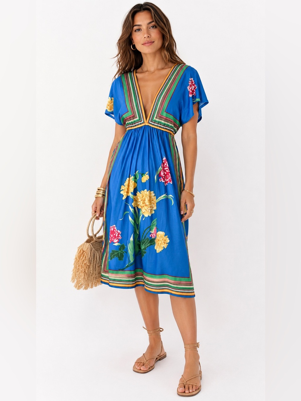 Forever 21 Blue V-Neck Floral Midi Dress Size S